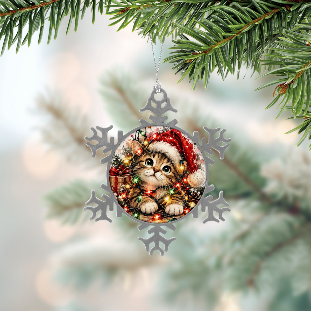 ❄️ Boule de Noël flocon – Chat lumière