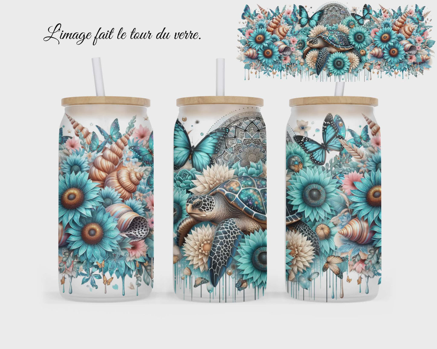 🥤 Verre givré sublimé – tortue fleur bleu