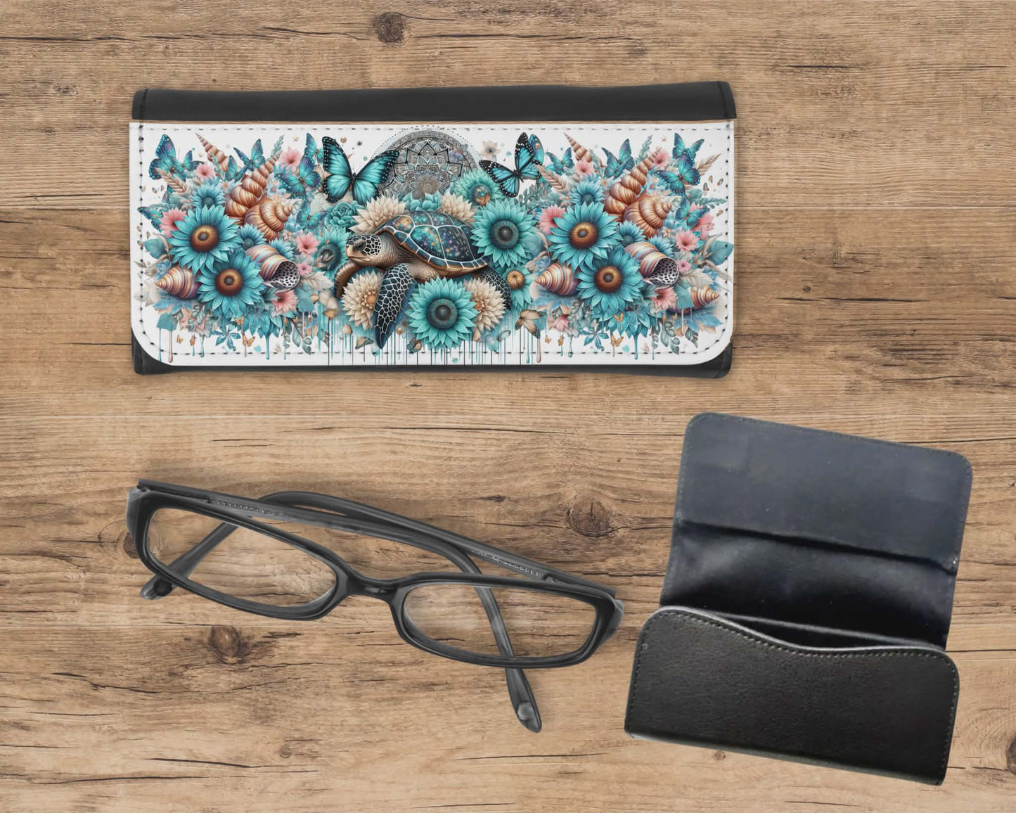 Étui à lunette - tortue fleuris bleu