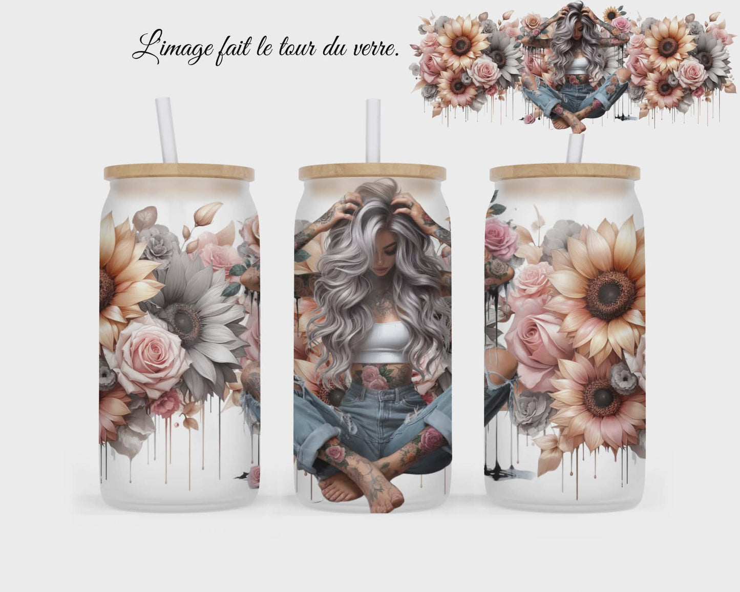 🥤 Verre givré sublimé – fille tournesols et roses