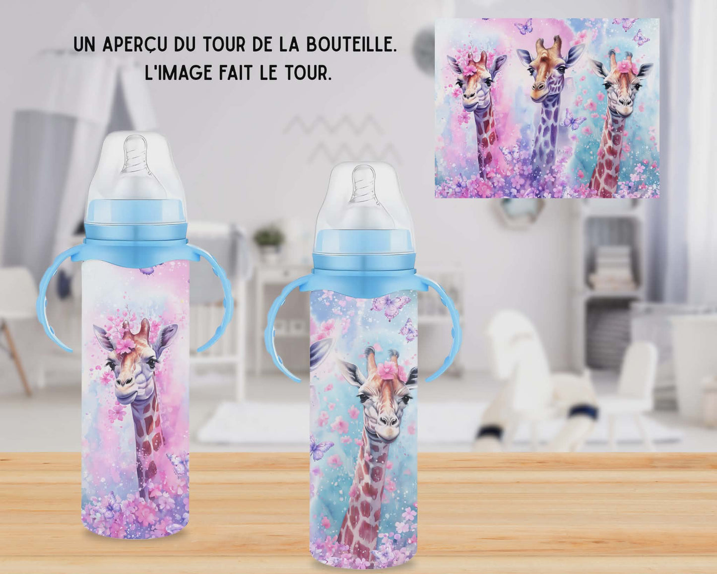 🍼 Biberons sublimé - Girafes fond rose et bleu