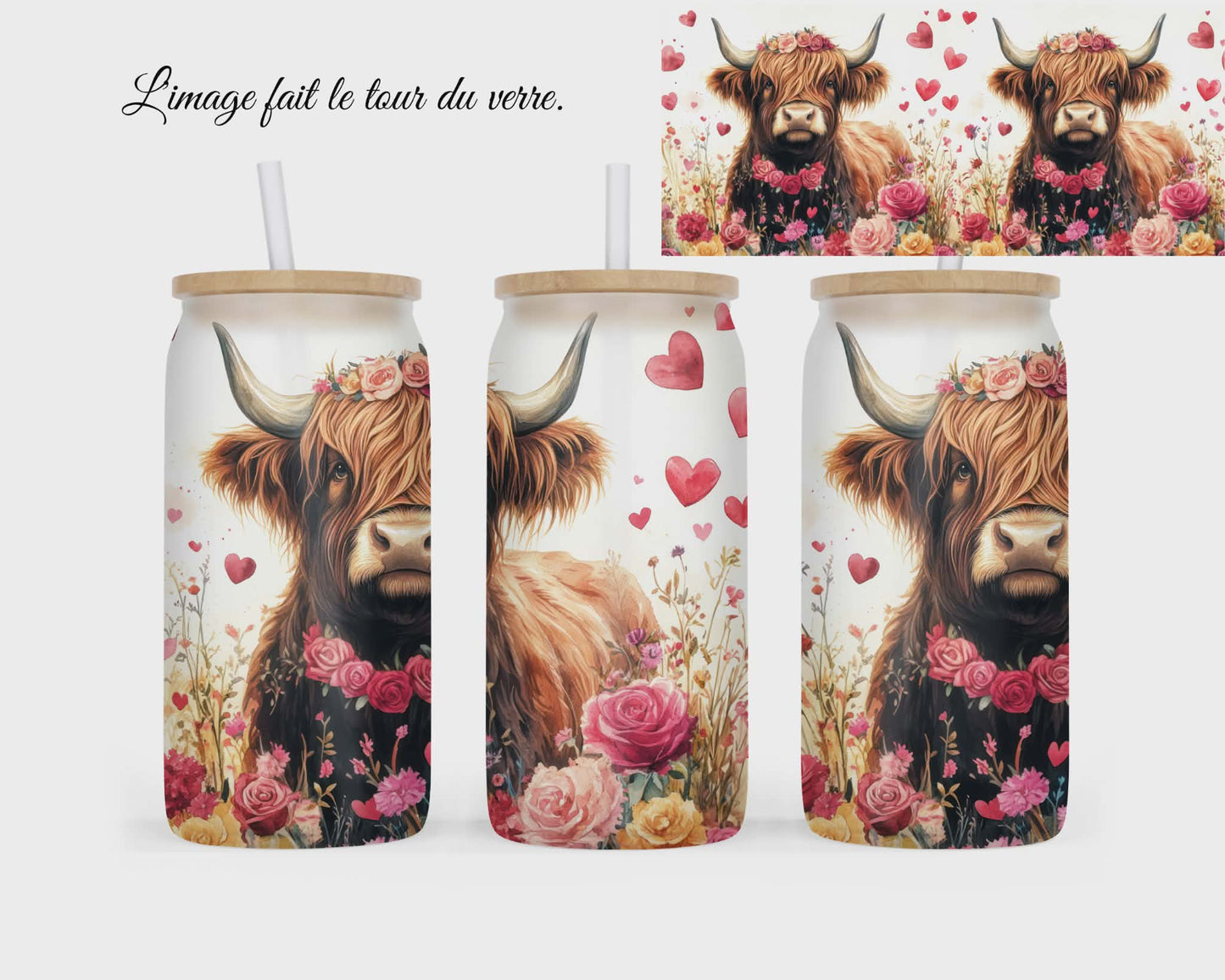 🥤 Verre givré sublimé – vache highland avec rose