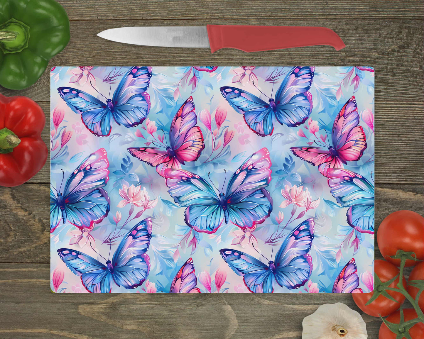 Planche de service - Papillon bleu et rose