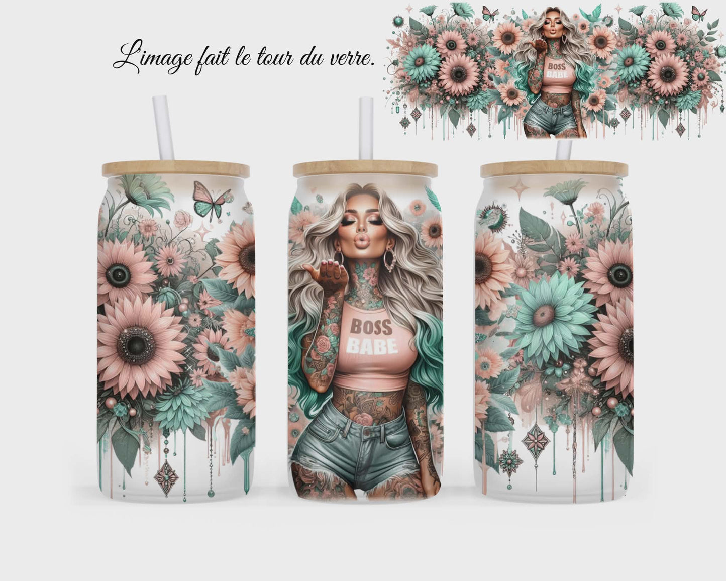 🥤 Verre givré sublimé – fille tournesols rose