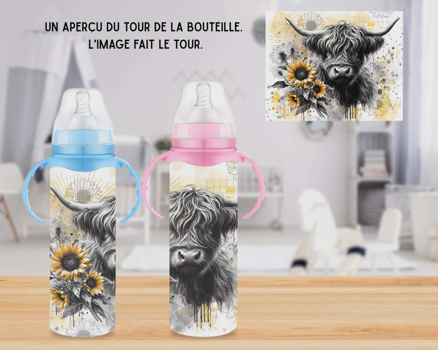 🍼 Biberons sublimé - Vache highland tournesols