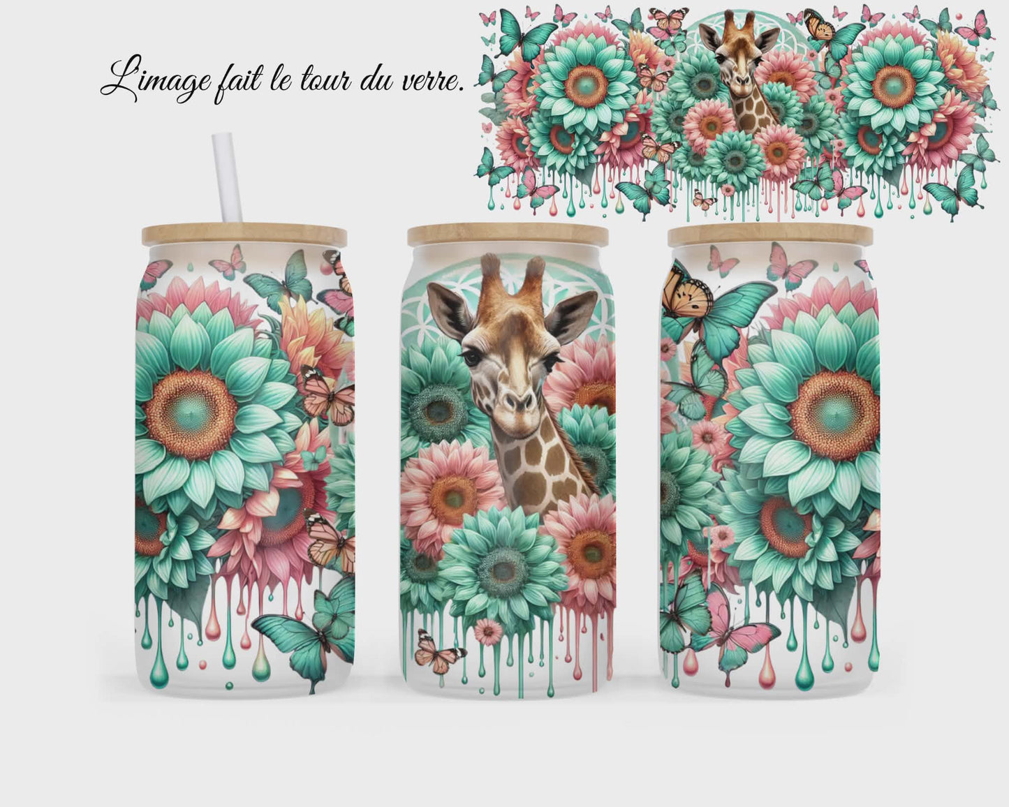 🥤 Verre givré sublimé – girafe tournesols bleu et rose