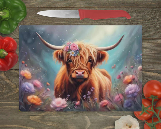 Planche de service - Vache highland fleuri