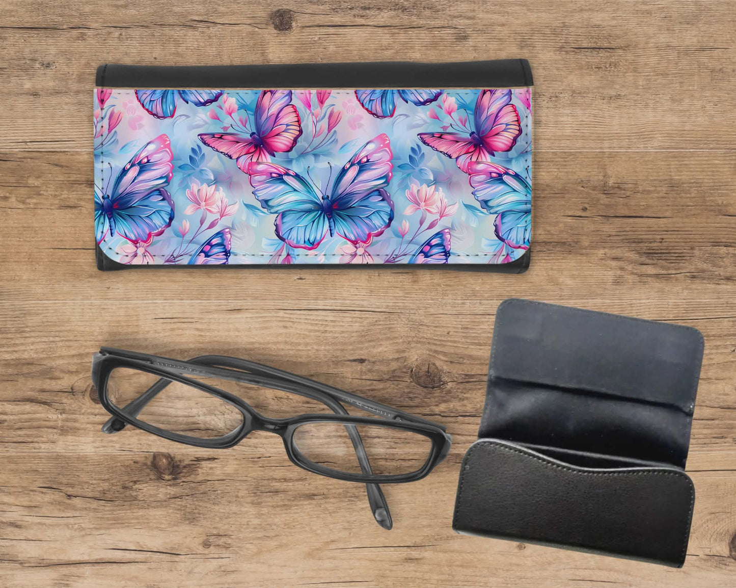 Étui à lunette - Papillon bleu et rose