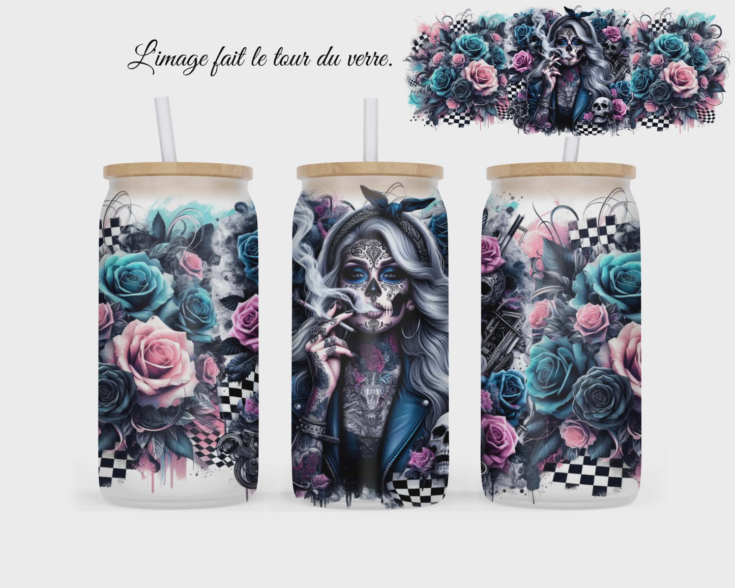 🥤 Verre givré sublimé – fille crâne fleur rose et bleu
