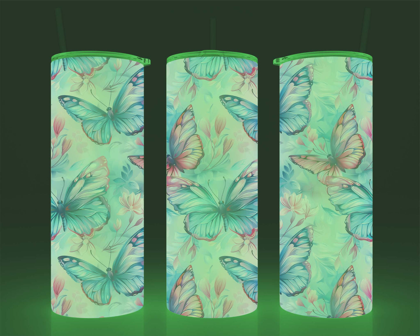 Verre isotherme - (allume dans le noir) papillons bleu et rose