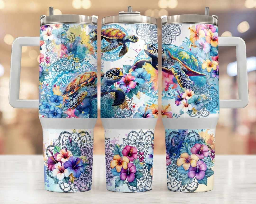 40 oz - Tortues et fleurs