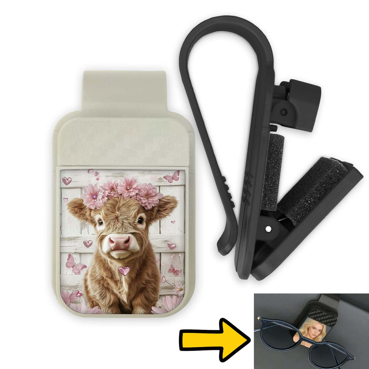 Porte-lunette pour voiture - Vache fleur rose