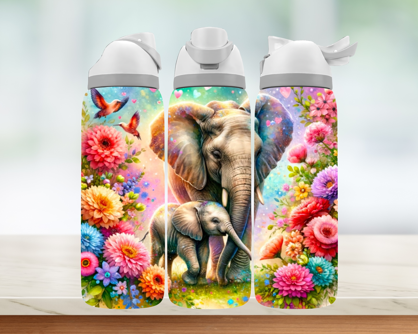 Bouteille style Owala - Éléphant fleurs