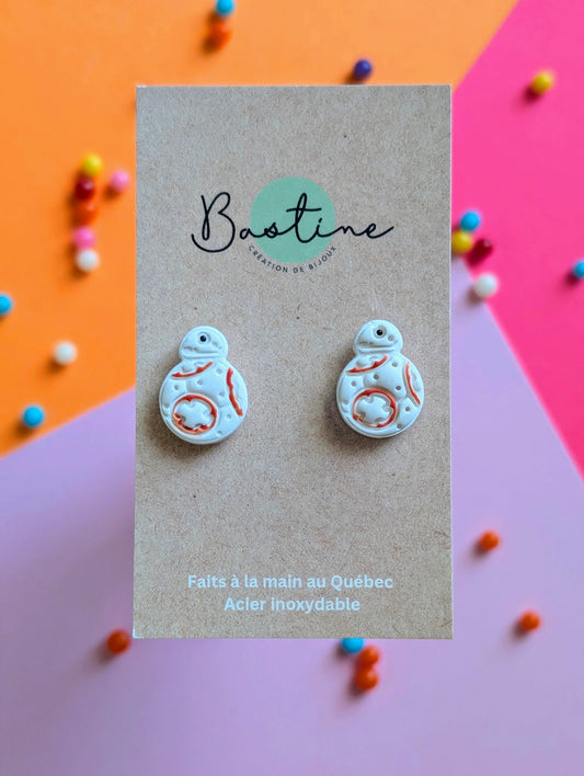 BB-8 - Boucles d'oreilles studs en argile polymère acier inoxydable hypoallergène
