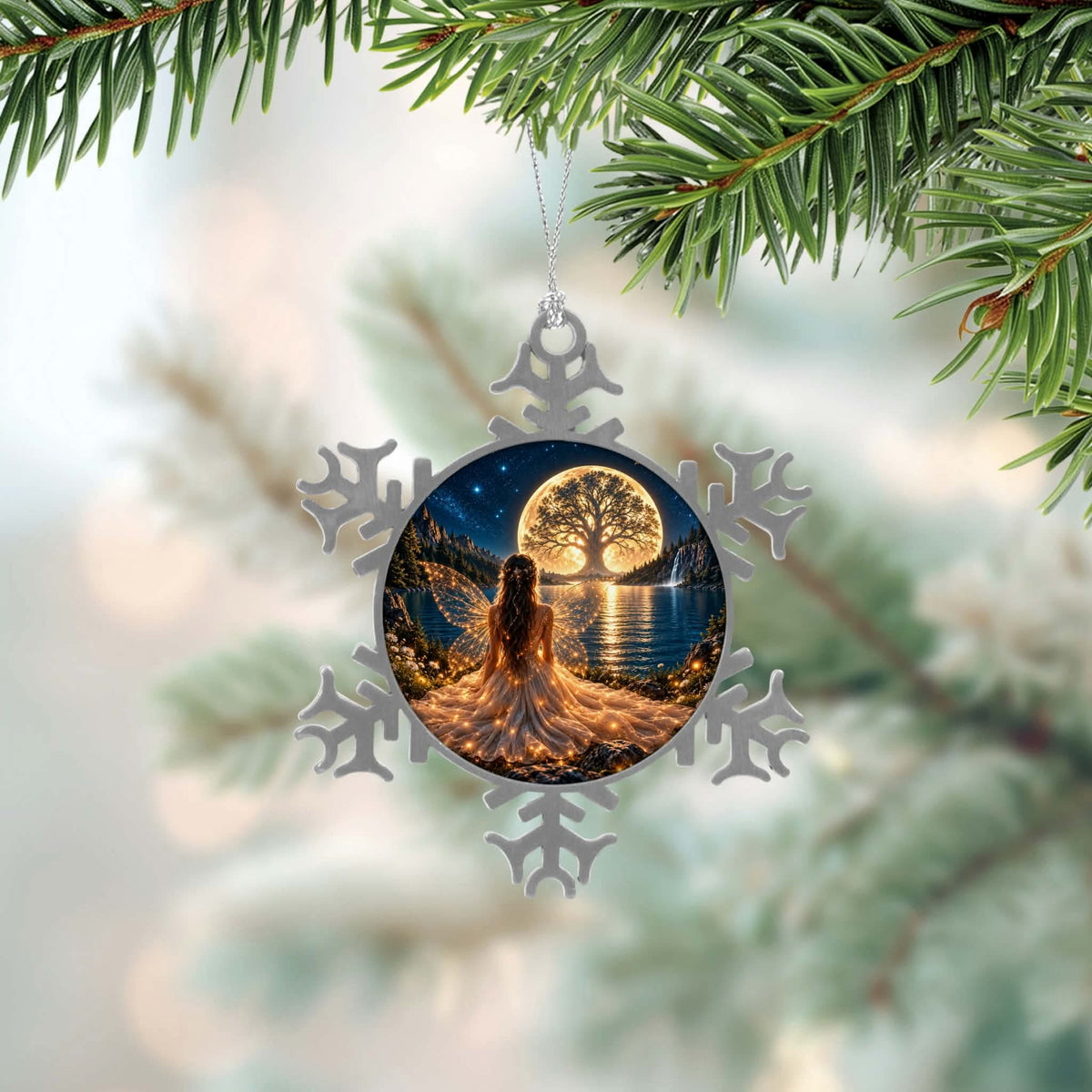 ❄️ Boule de Noël flocon – Fée et arbre de vie