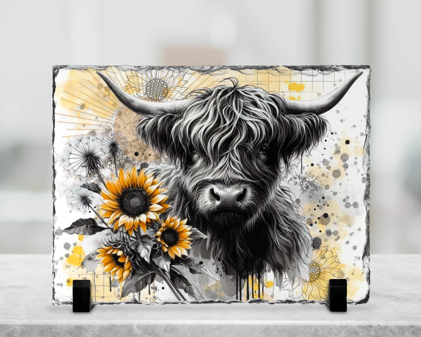 Plaque en ardoise sublimé - Vache tournesol