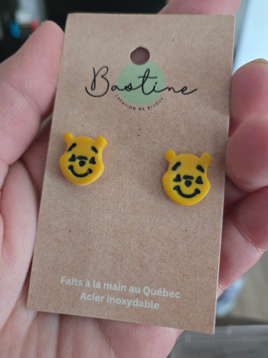 Ourson - Boucles d'oreilles studs en argile polymère acier inoxydable hypoallergène
