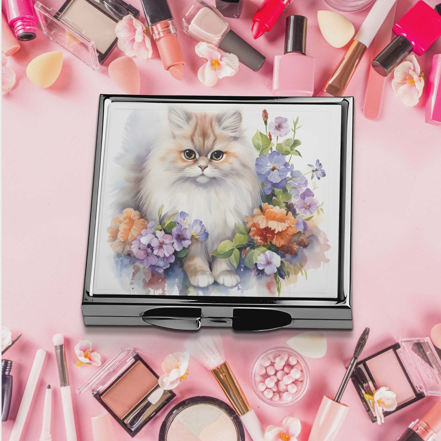 Miroir de poche - Chat et fleur