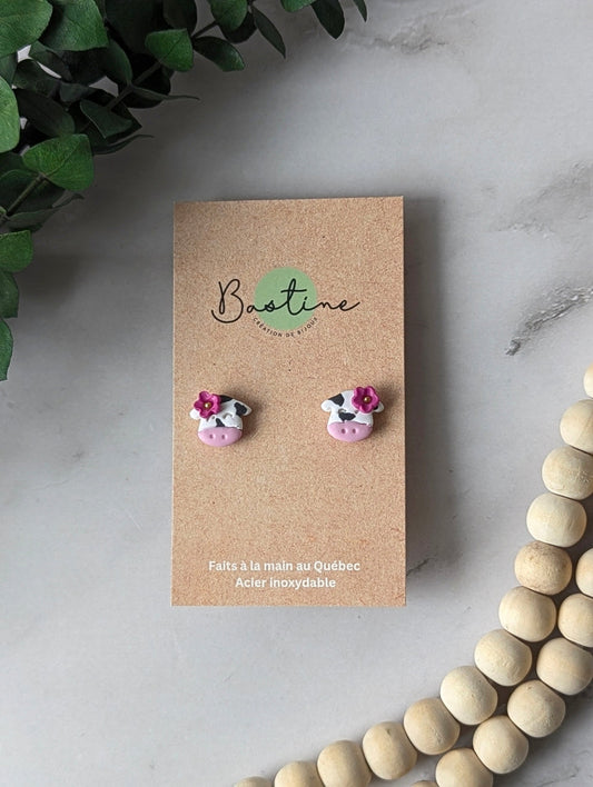 Vaches - Boucles d'oreilles studs en argile polymère acier inoxydable hypoallergène