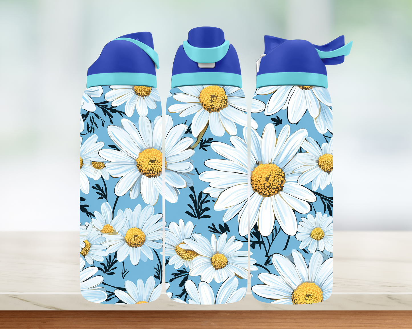 Bouteille style Owala - Fleurs blanches fond bleu