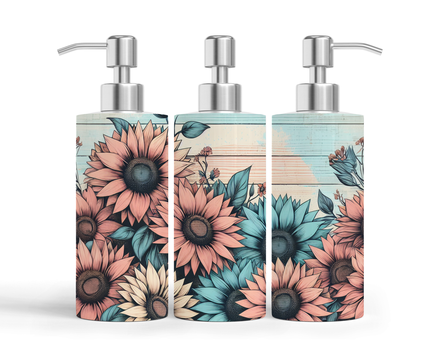 Pompe à savon - Fleurs roses et bleu