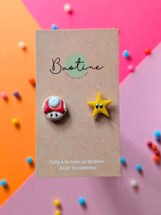 Mario B - Boucles d'oreilles studs en argile polymère acier inoxydable hypoallergène