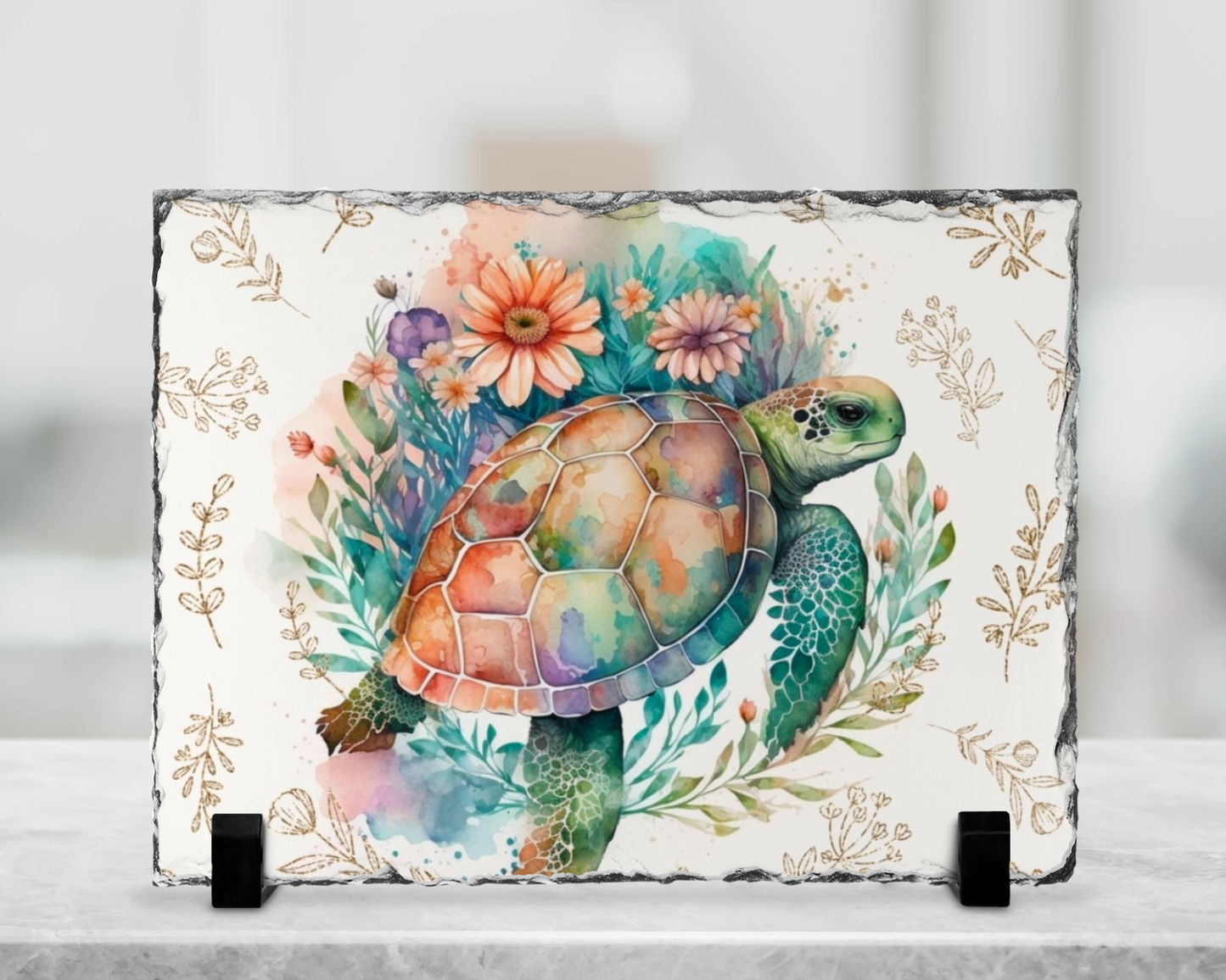 Plaque en ardoise sublimé - Tortue Fleurs