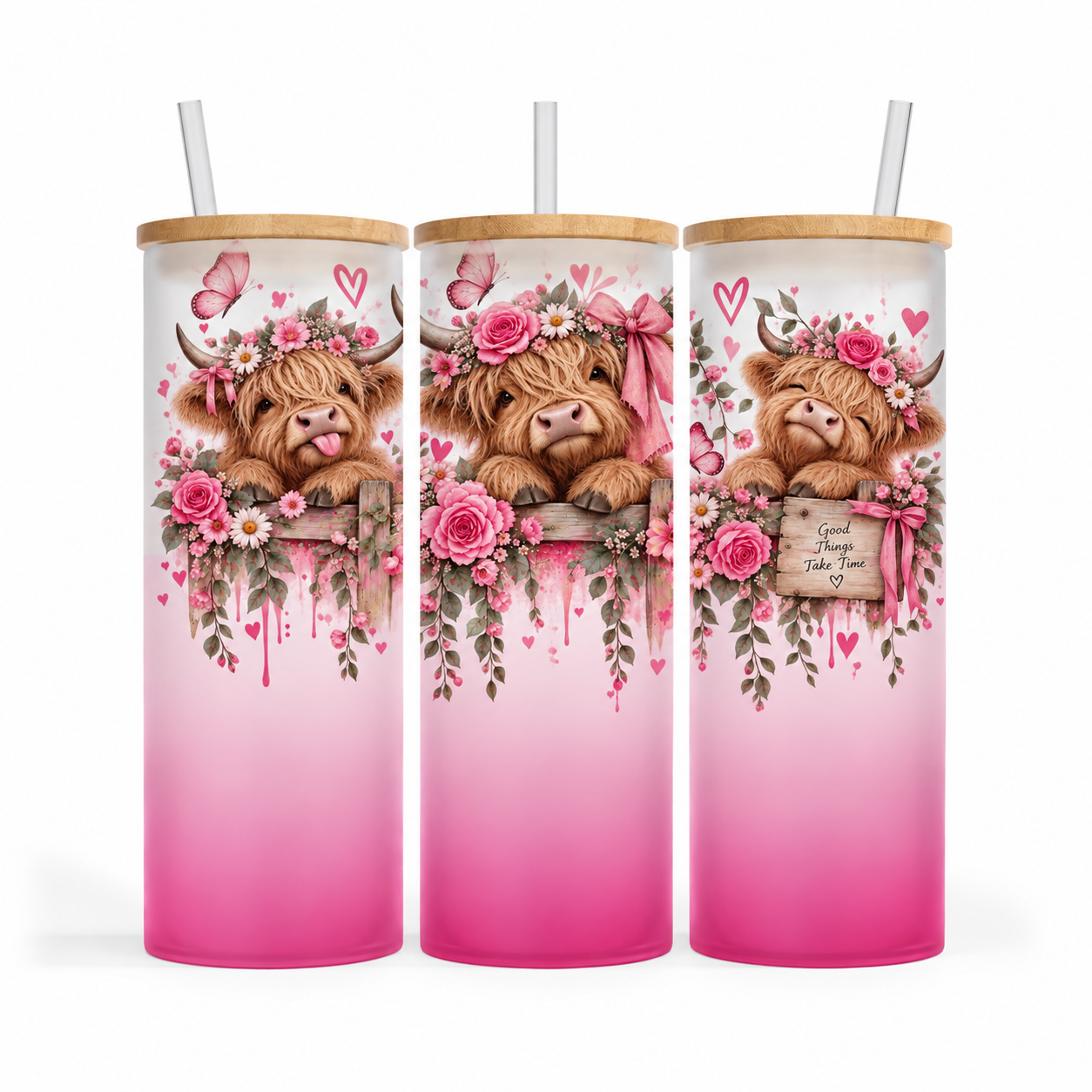 Verre givré 25 oz - Vaches et fleurs roses