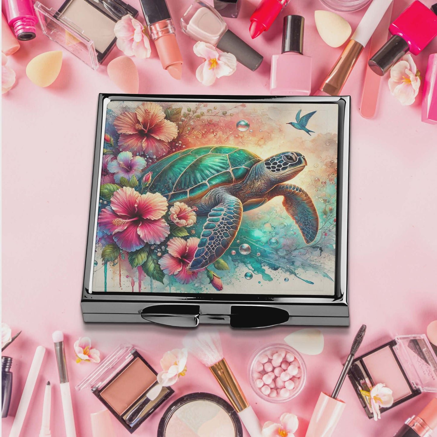 Miroir de poche - tortue et fleur hibiscus