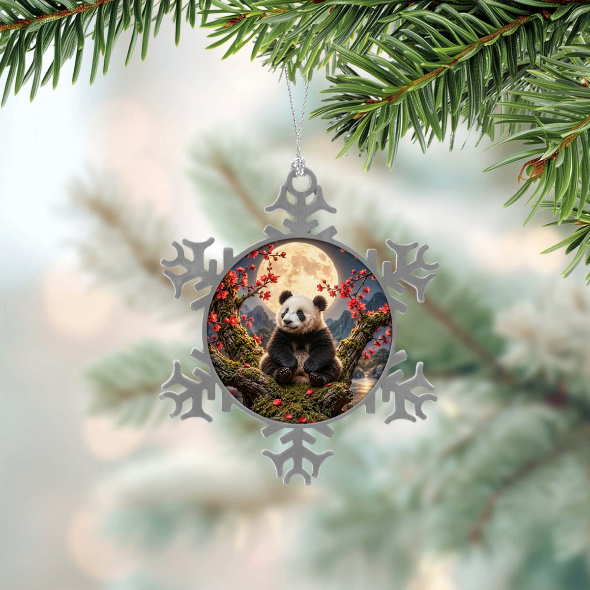 ❄️ Boule de Noël flocon – Panda sous la lune