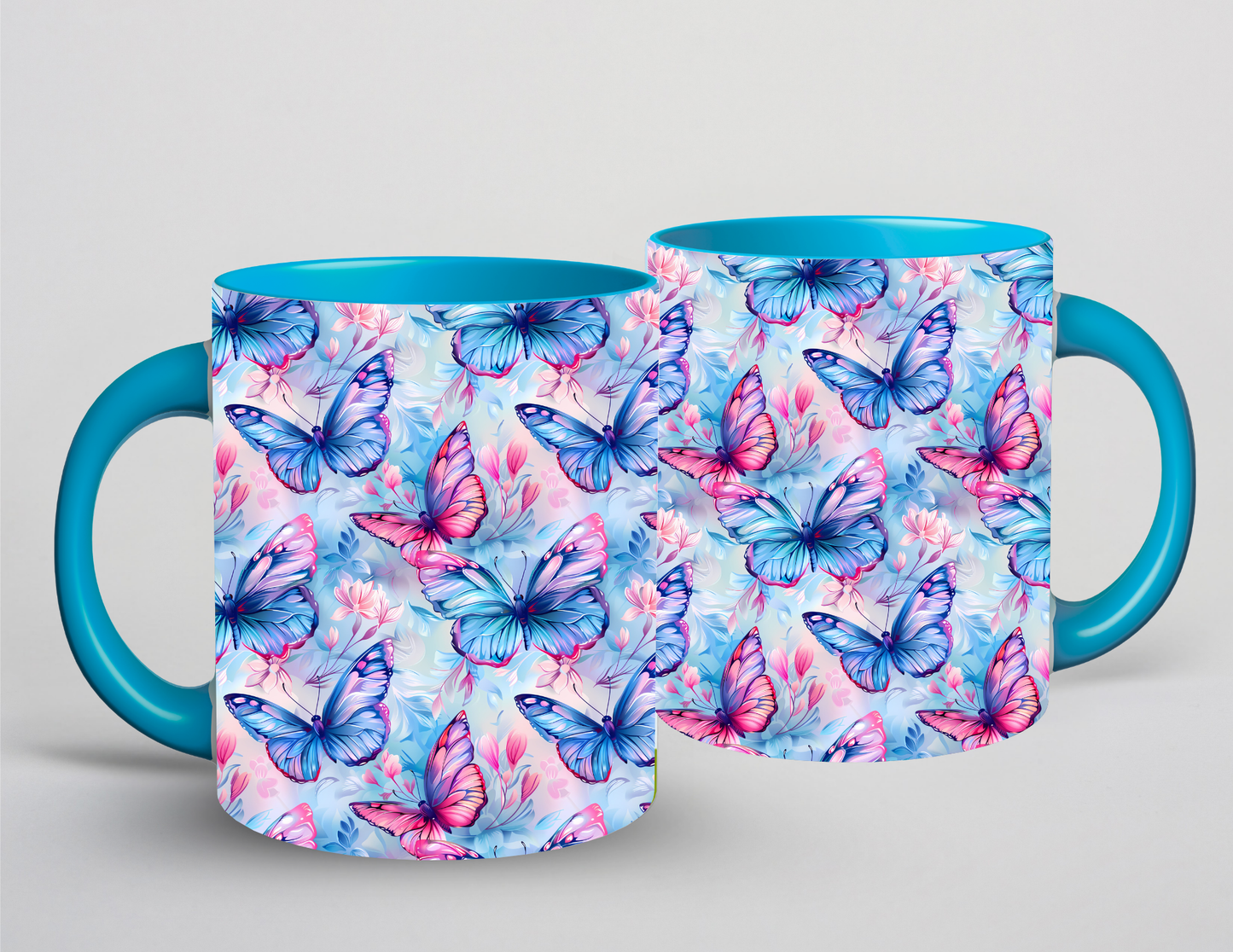Tasse bleu - Papillons roses et bleu