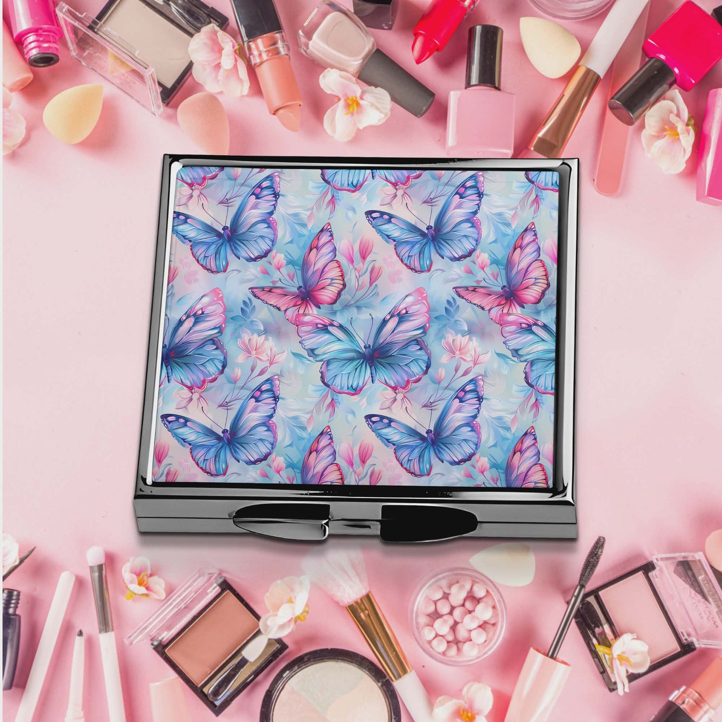 Miroir de poche - Papillon rose et bleu