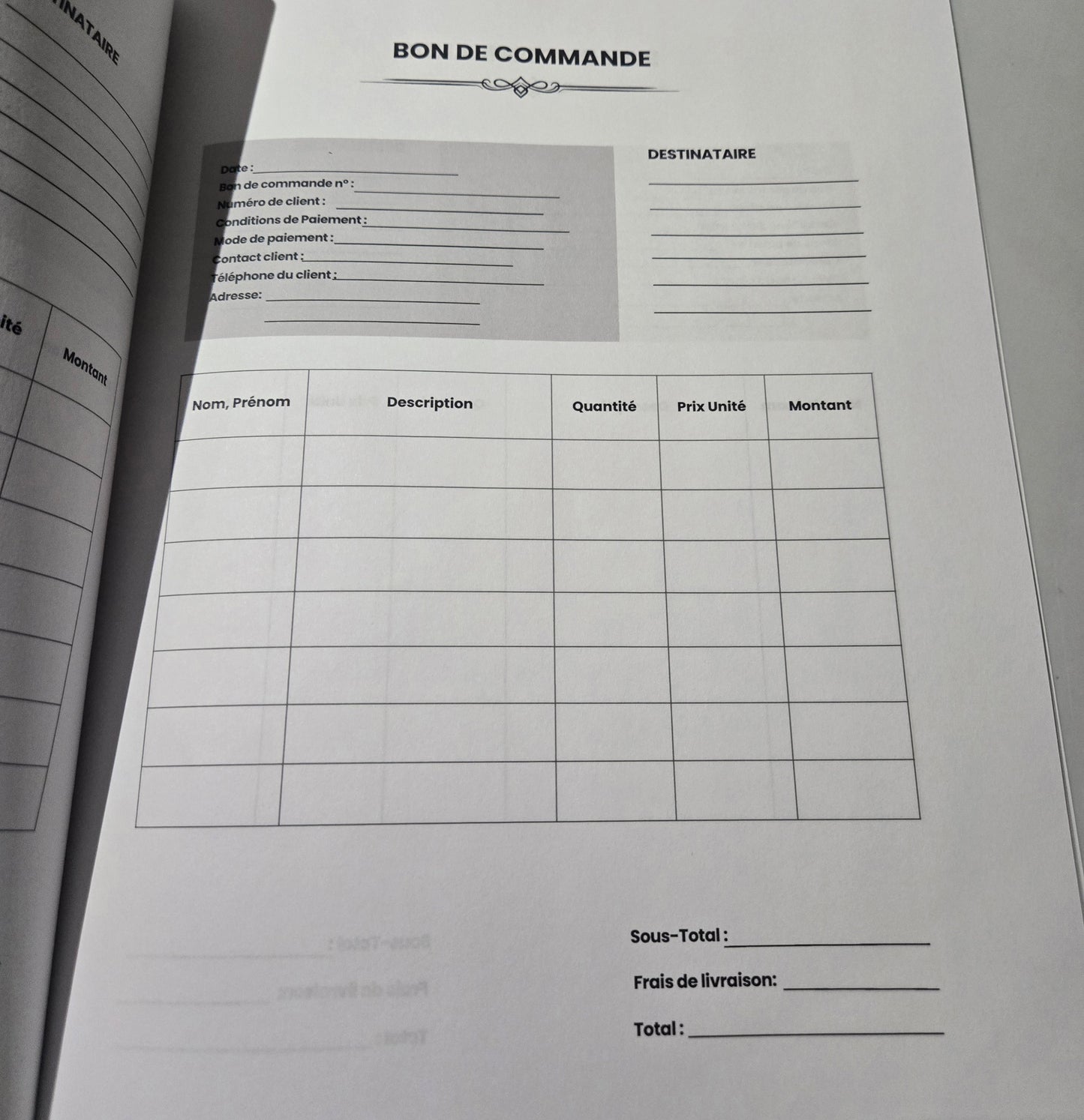 đ Livre de commandes â Cahier de bons de commande