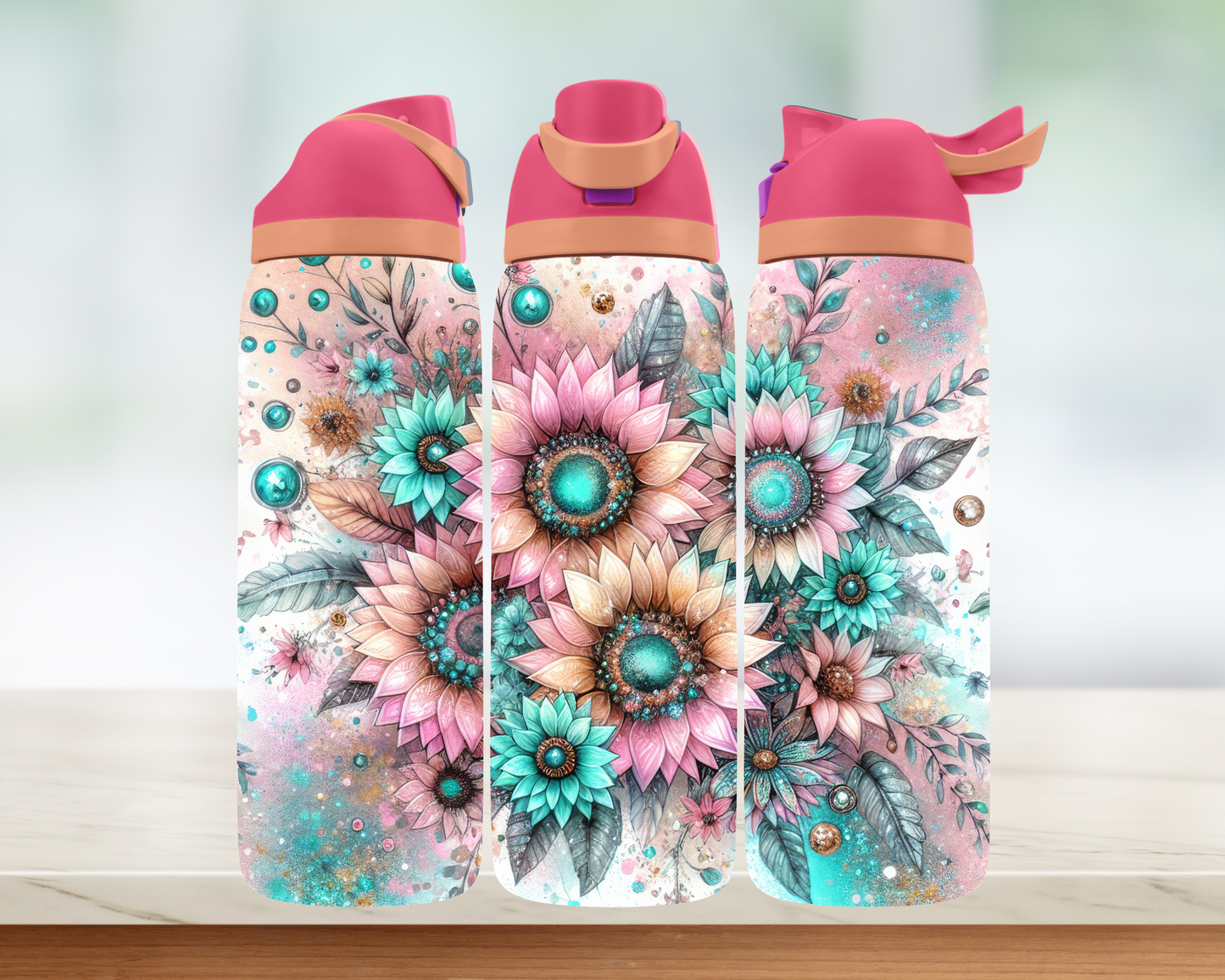 Bouteille style Owala - Fleurs roses et bleu