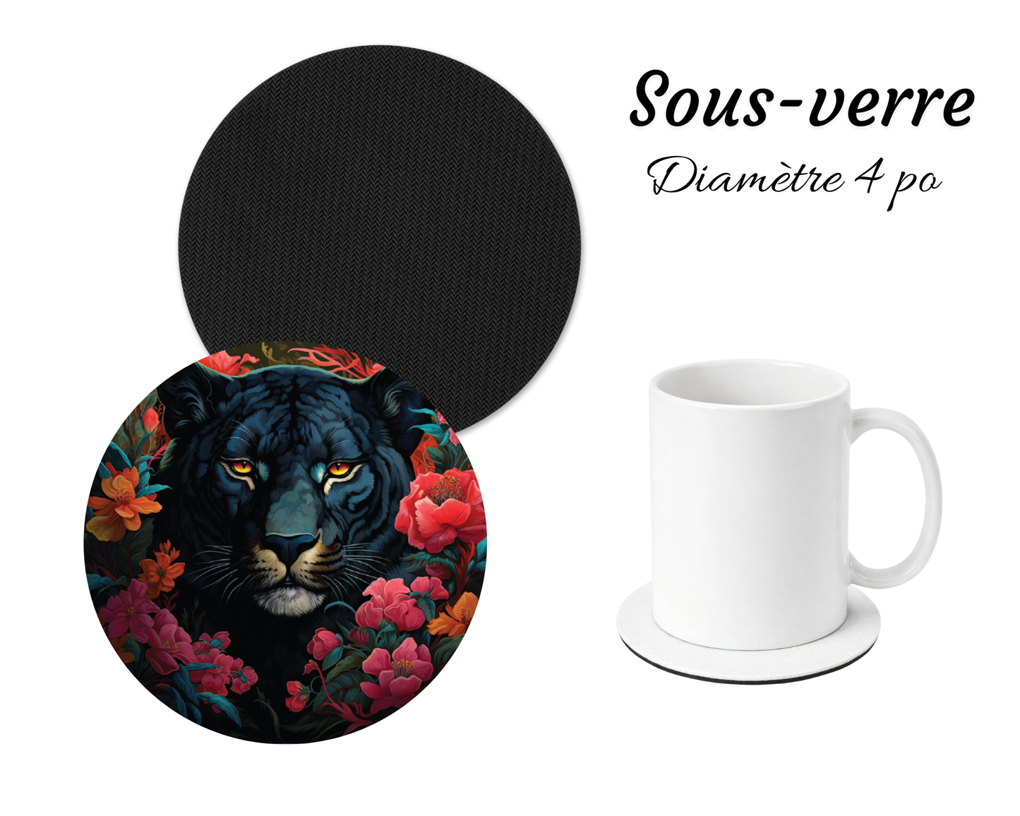 Sous-verre - Panthère noir fleurs