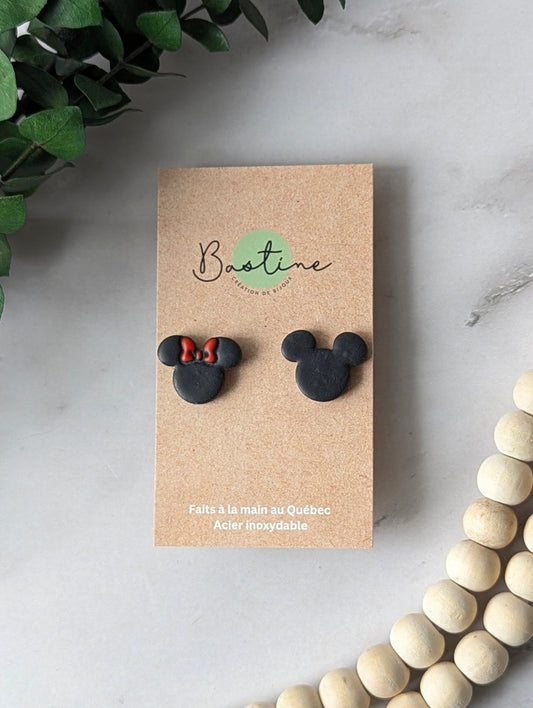 Souris - Boucles d'oreilles studs en argile polymère acier inoxydable hypoallergène