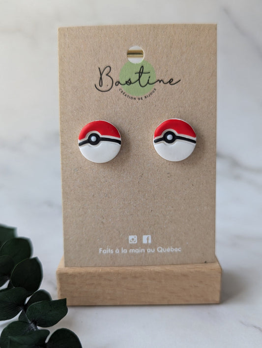 Poke balls - Boucles d'oreilles studs en argile polymère acier inoxydable hypoallergène