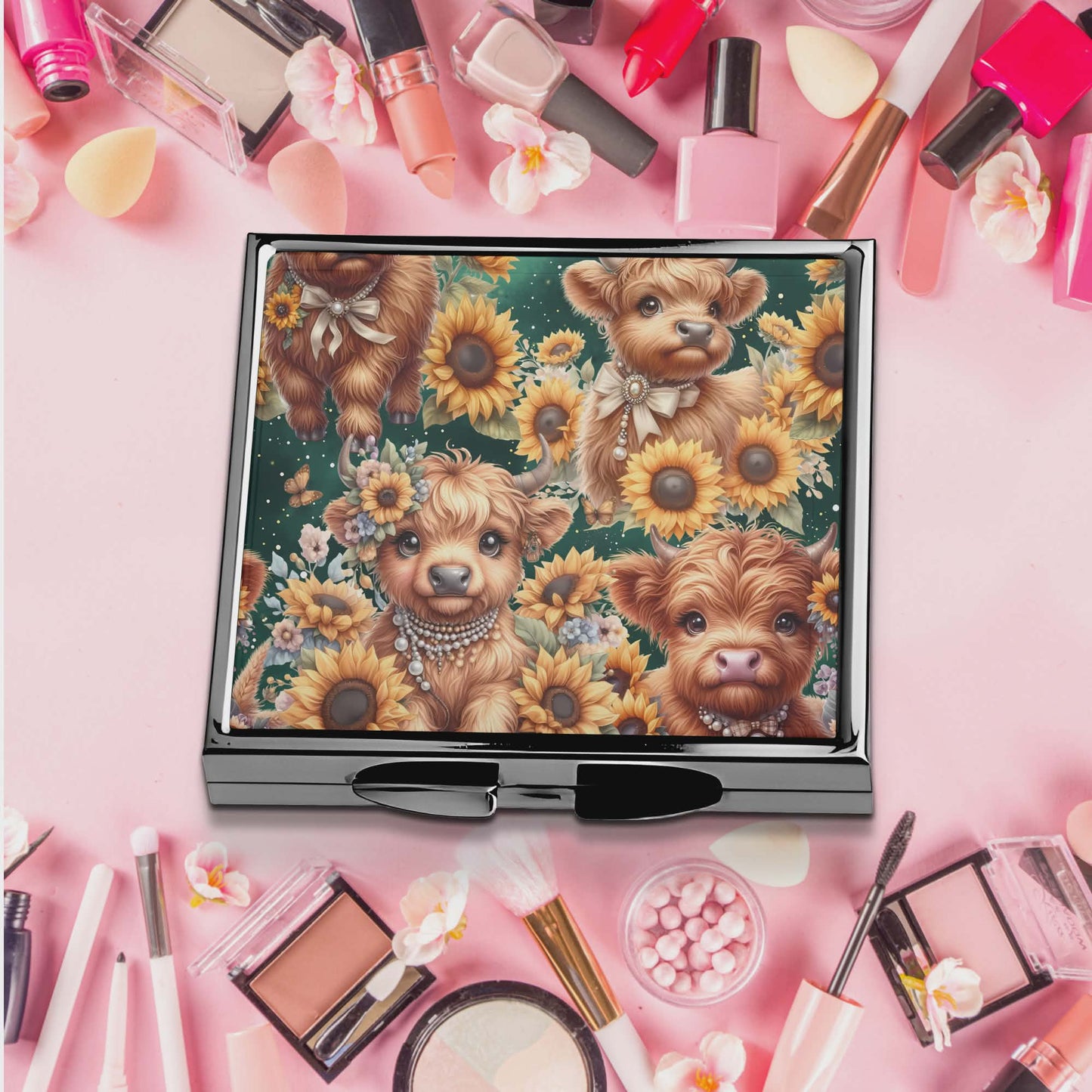 Miroir de poche - Petites vaches et tournesols