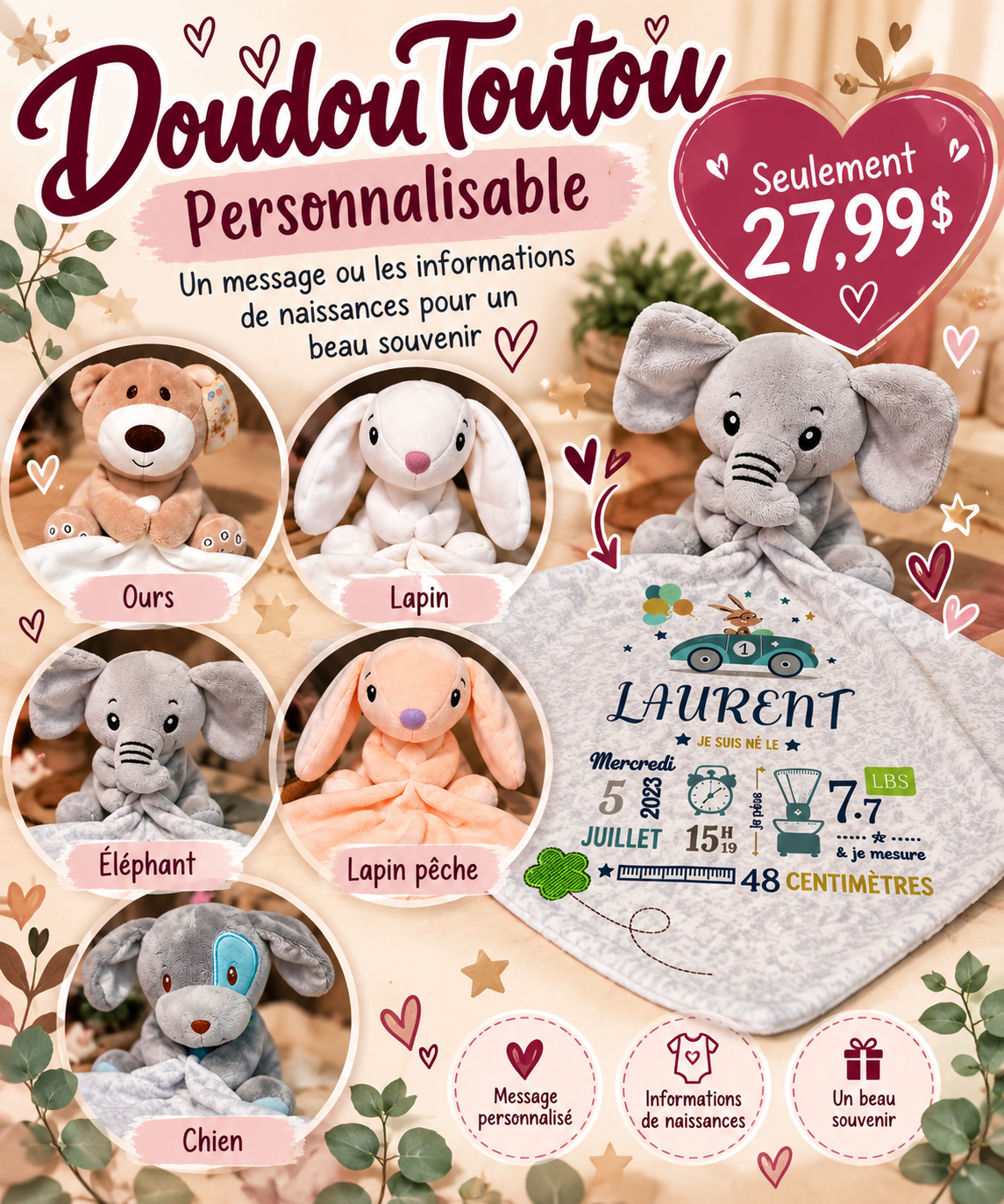 Doudou toutou personnalisée
