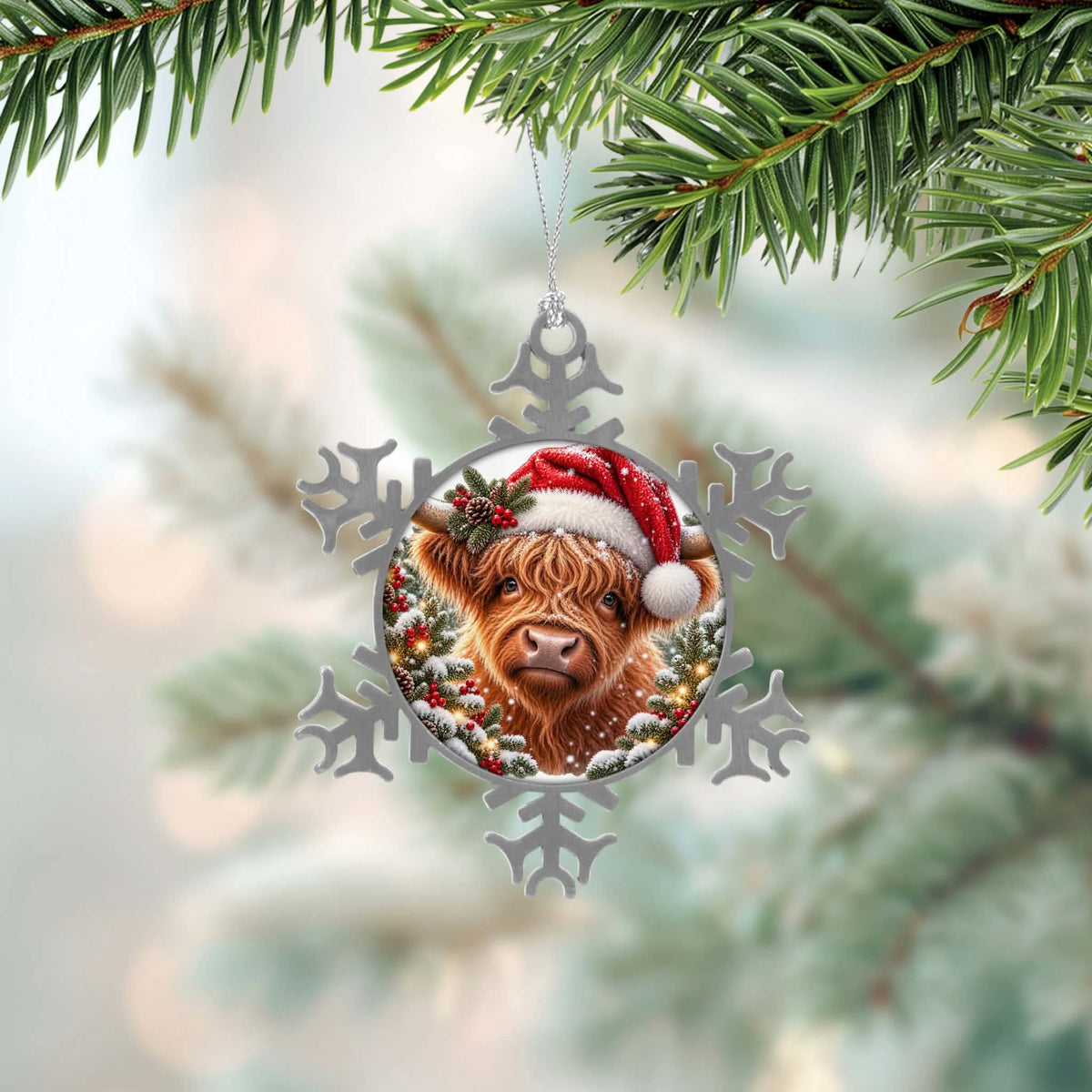 ❄️ Boule de Noël flocon – Vache Highland Noël