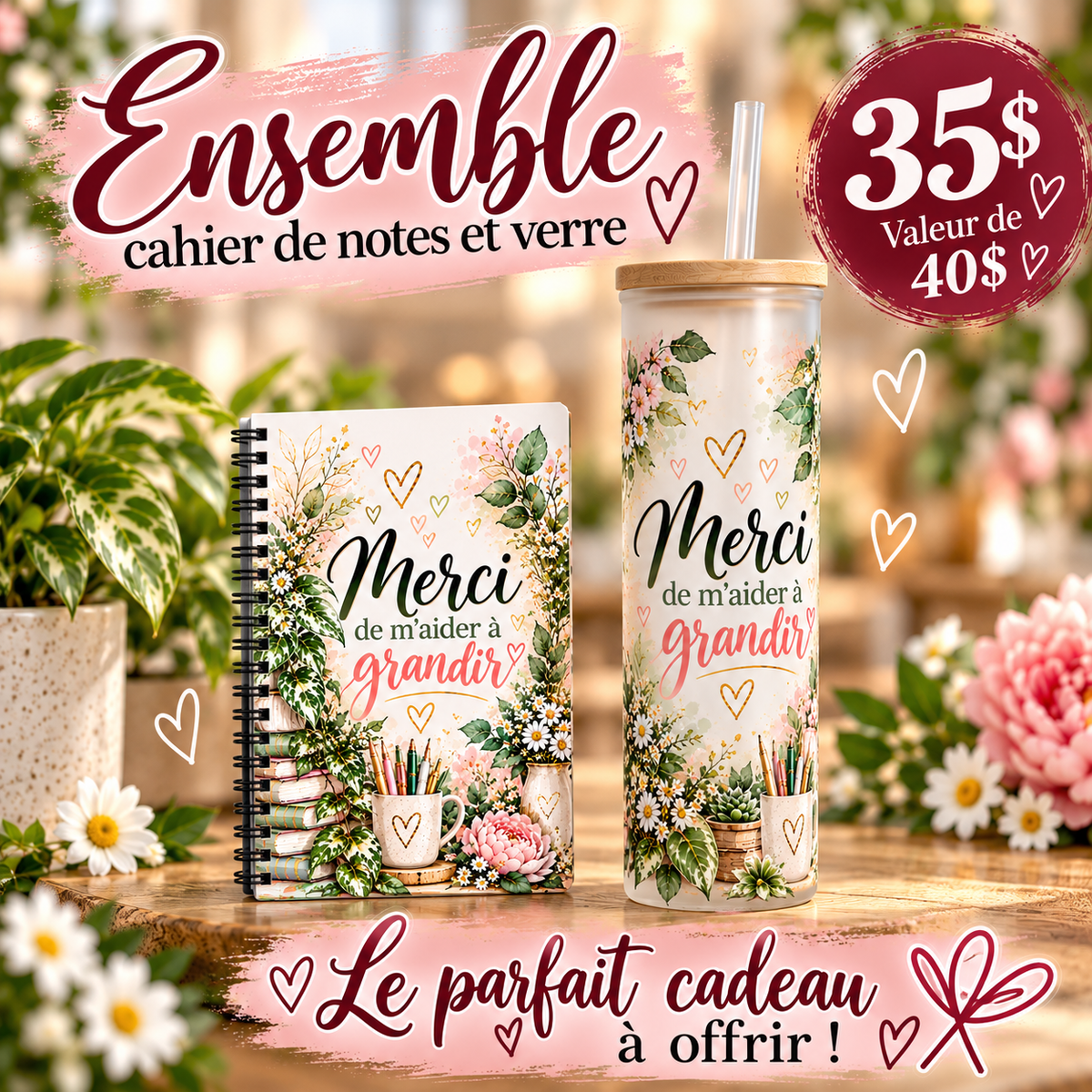 Ensemble verre givré et cahier - Merci de m'aider à grandir