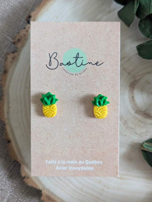 Ananas - Boucles d'oreilles studs en argile polymère acier inoxydable hypoallergène