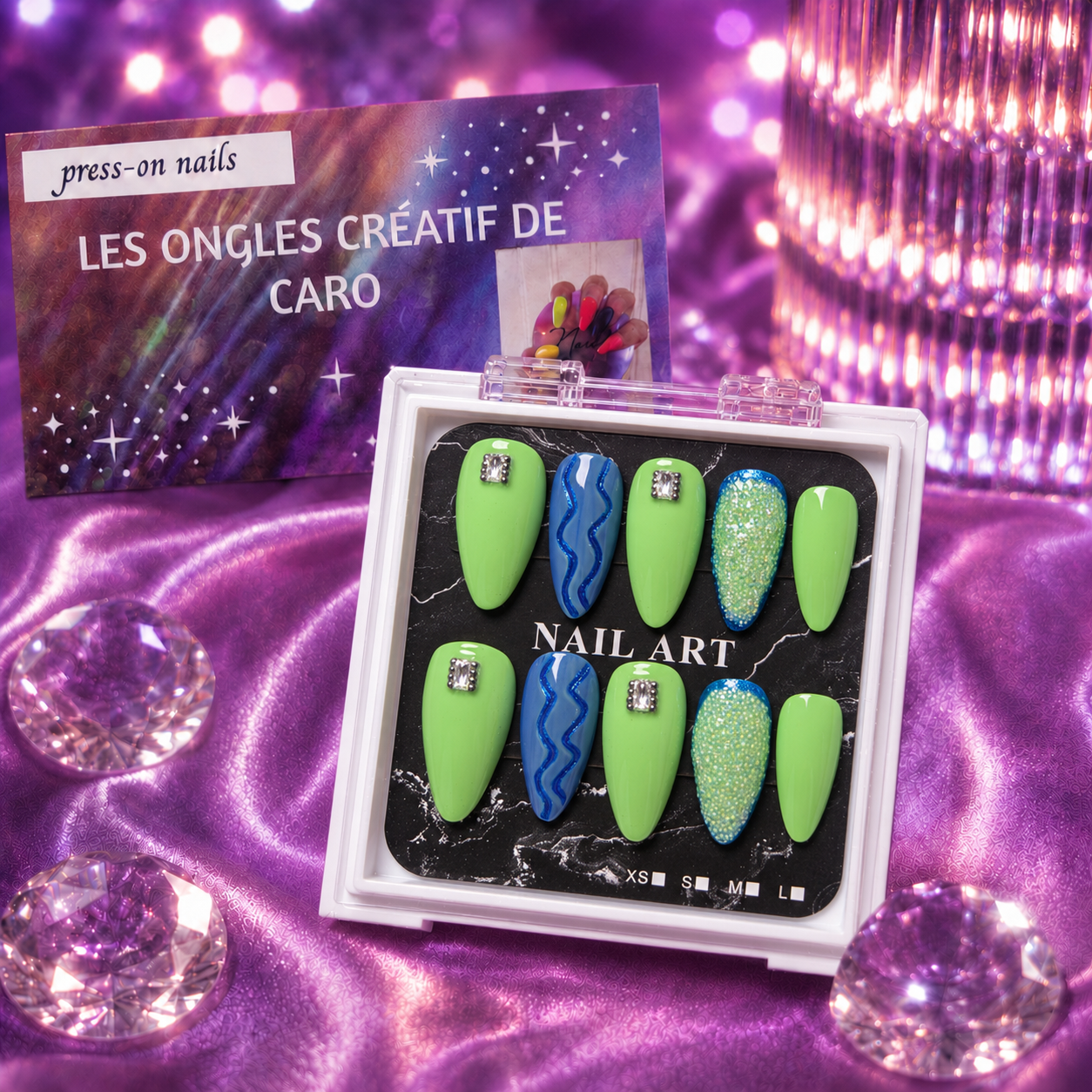 Ensemble de 24 ongles press-on réutilisables - Beauté bleu et vert