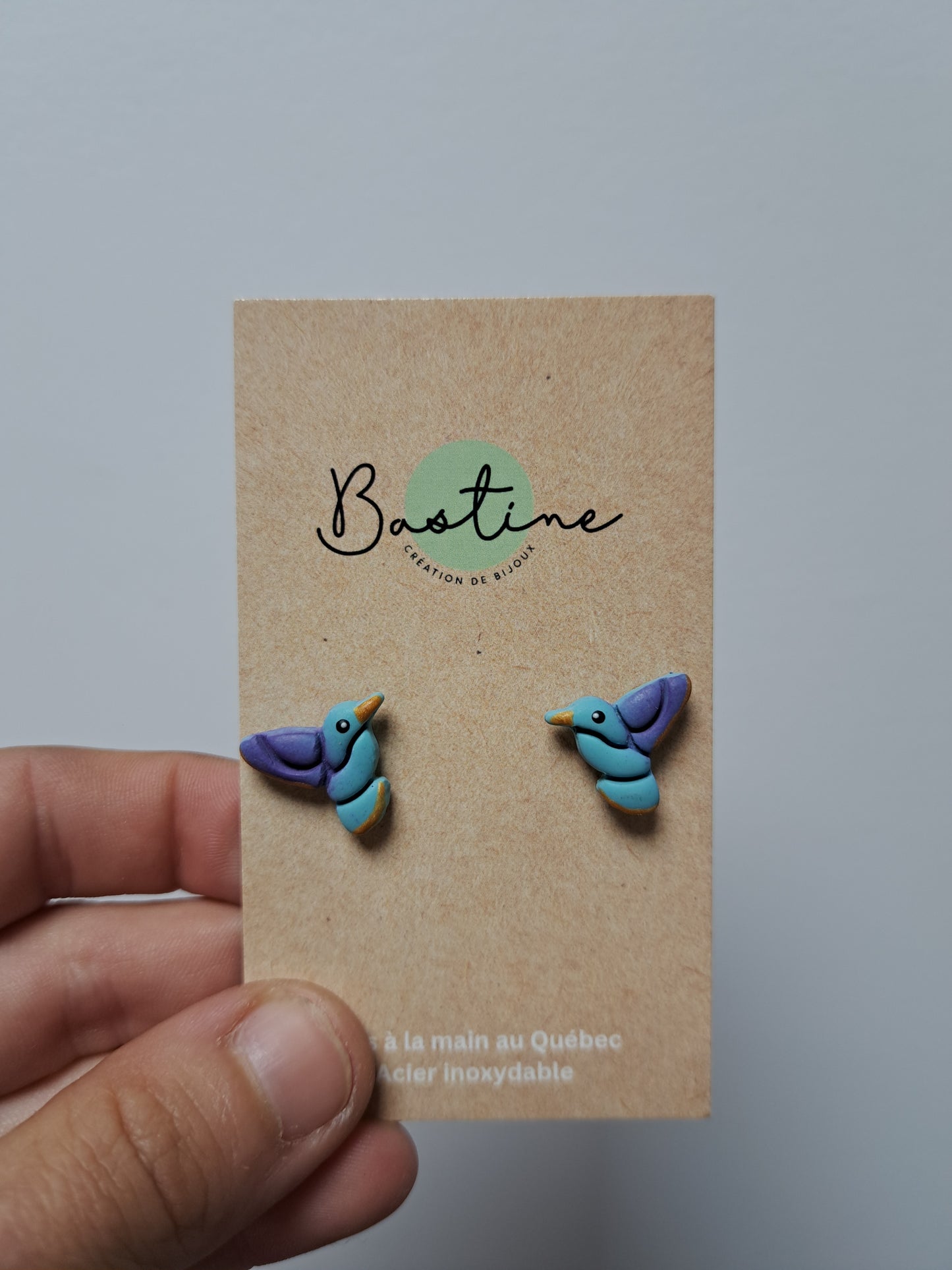 Colibris- Boucles d'oreilles studs en argile polymère acier inoxydable hypoallergène