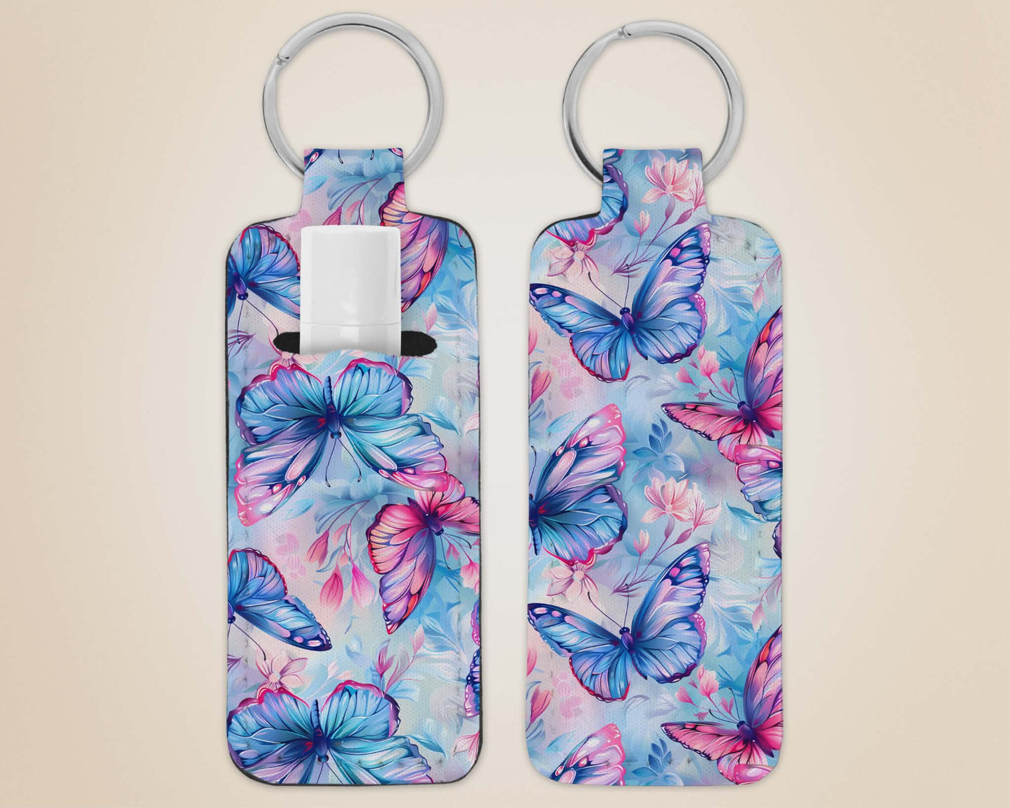 Porte-clé avec pochette - papillon bleu et rose