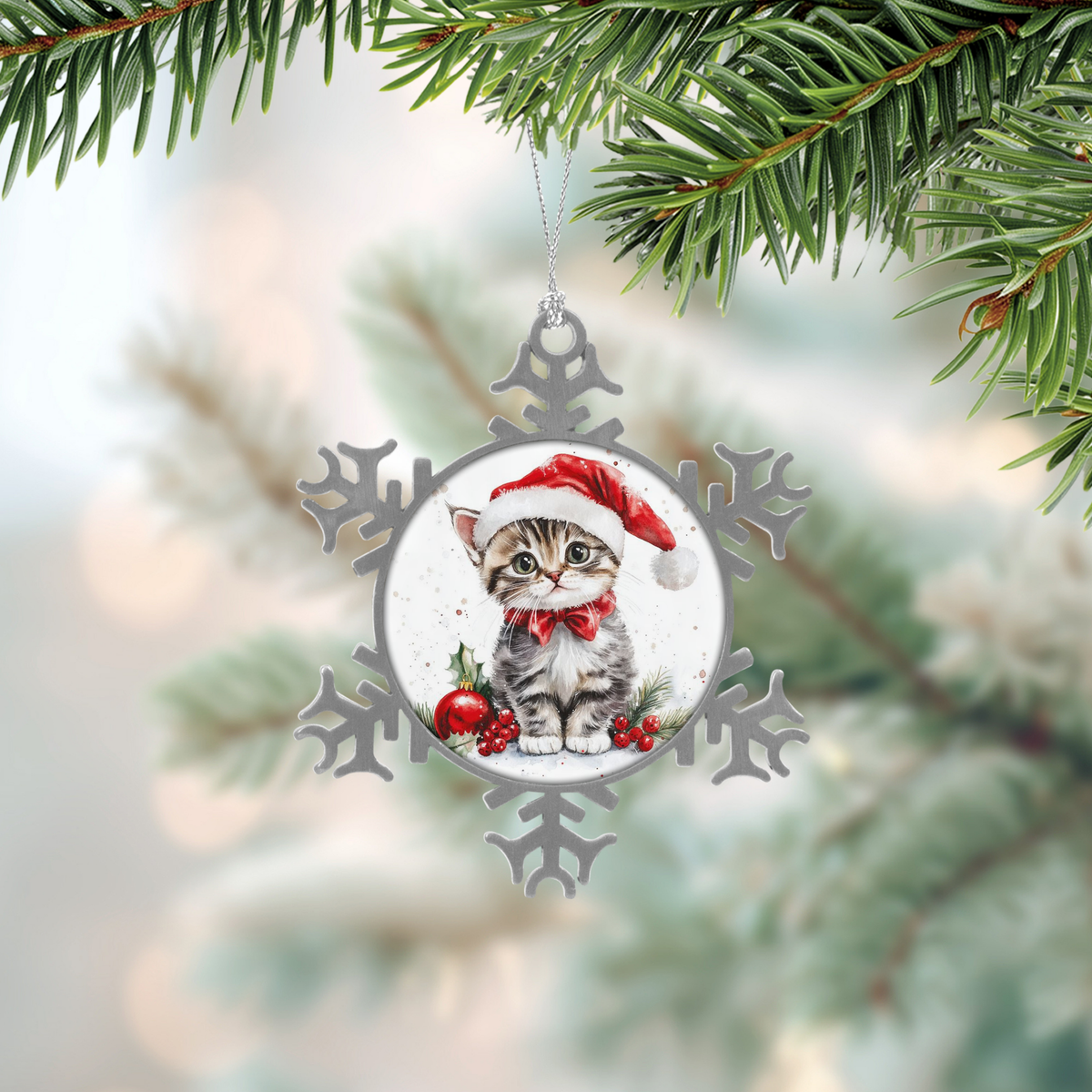 ❄️ Boule de Noël flocon – Chat chapeau rouge