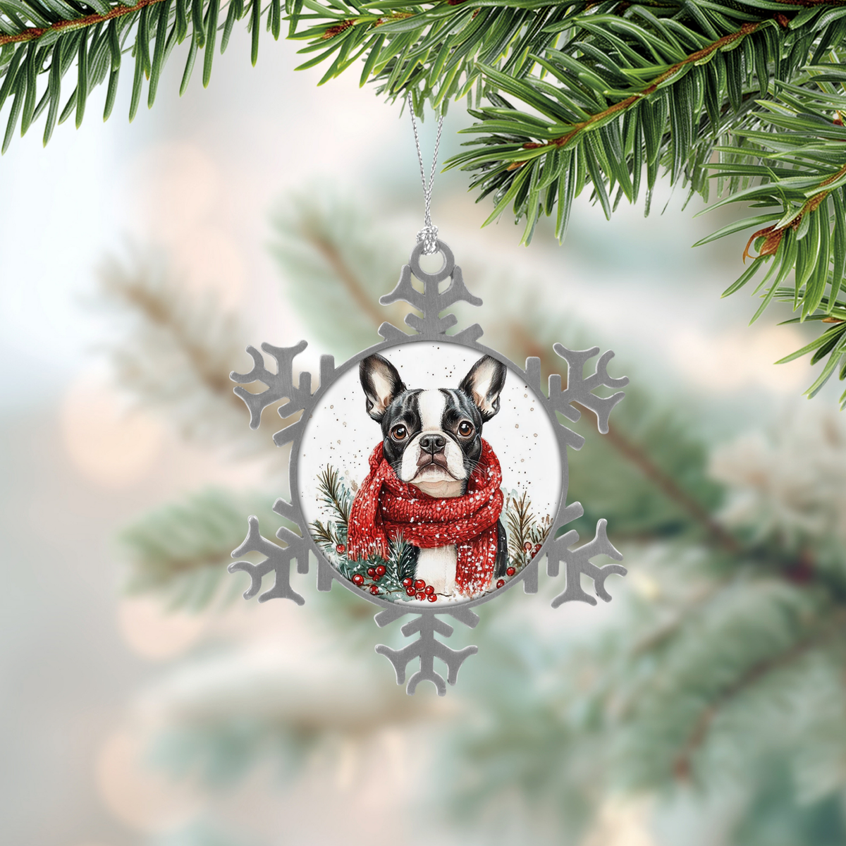 ❄️ Boule de Noël flocon – Chien foulard