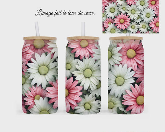 🥤 Verre givré sublimé – marguerite rose et blanche