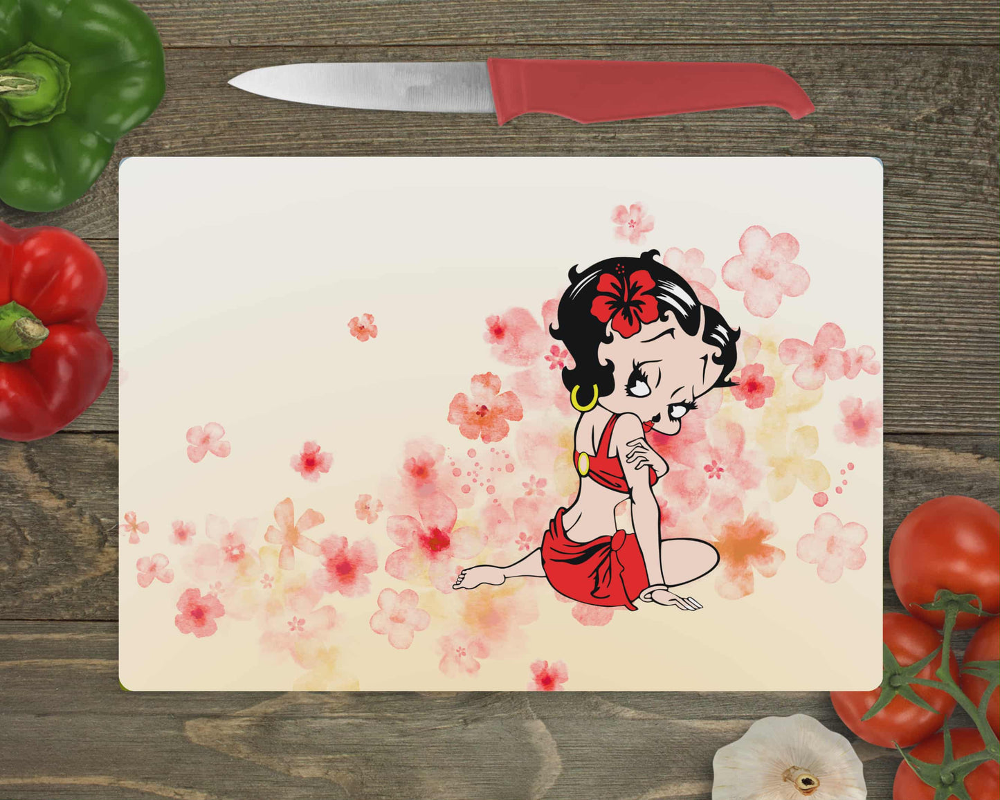 Planche de service - Personnage fleuris rouge