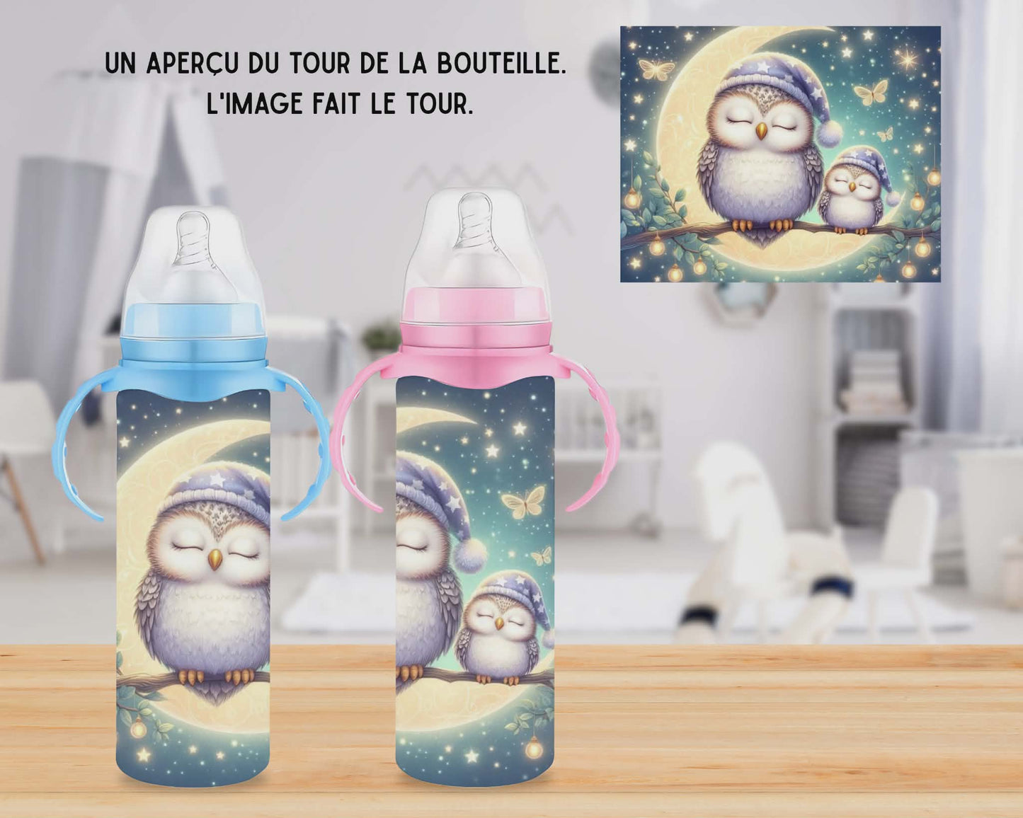 🍼 Biberons sublimé - hiboux sur lune